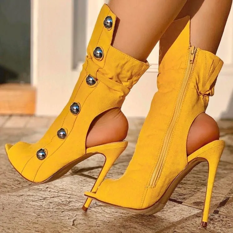 Women Metal Decor Open Toe Stiletto Heel Cut-out Booties