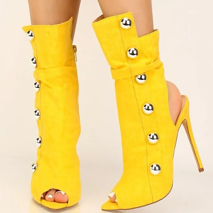 Women Metal Decor Open Toe Stiletto Heel Cut-out Booties