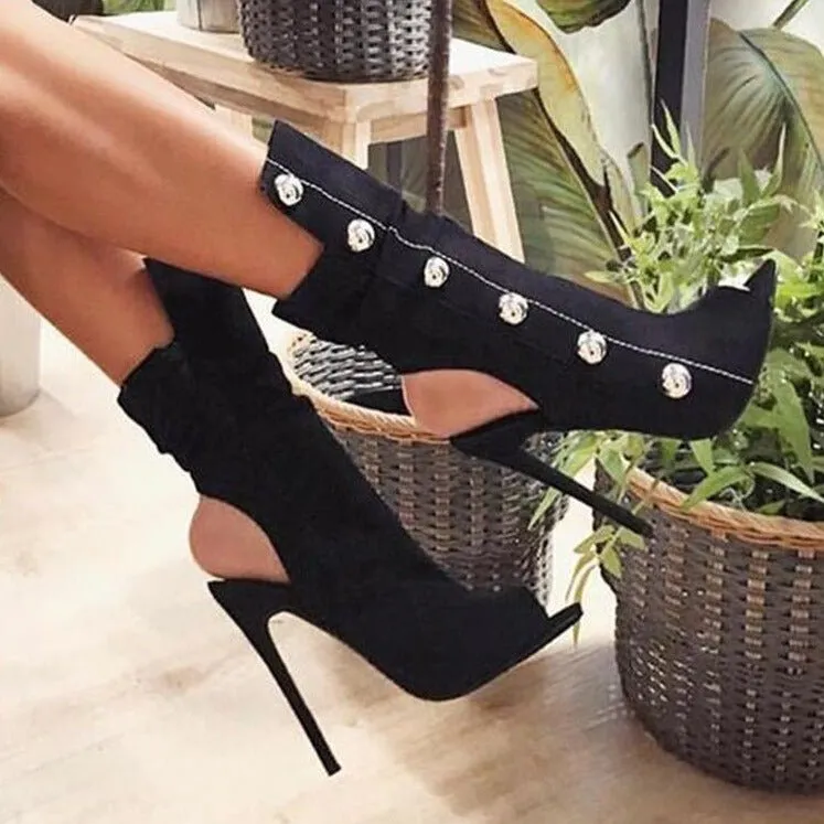 Women Metal Decor Open Toe Stiletto Heel Cut-out Booties