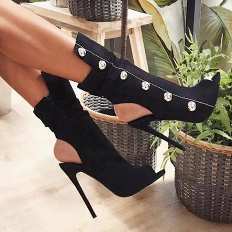 Women Metal Decor Open Toe Stiletto Heel Cut-out Booties
