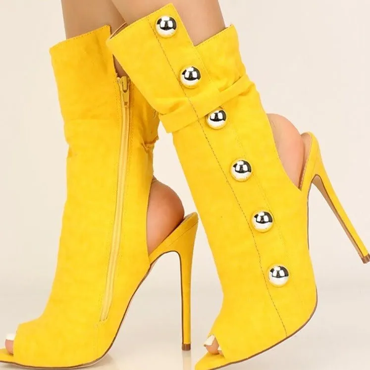 Women Metal Decor Open Toe Stiletto Heel Cut-out Booties