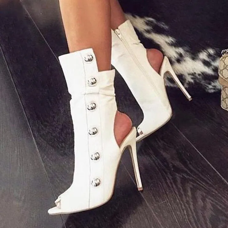 Women Metal Decor Open Toe Stiletto Heel Cut-out Booties