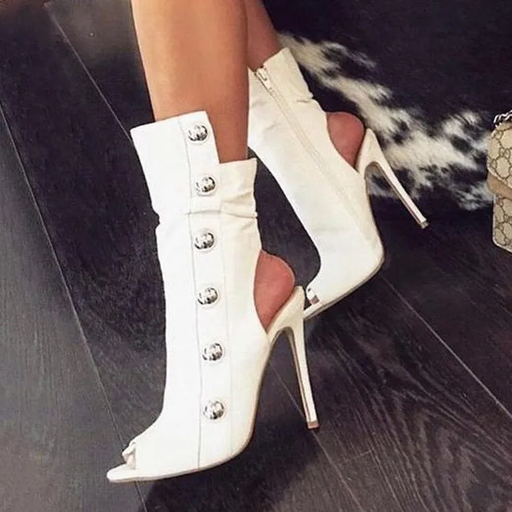 Women Metal Decor Open Toe Stiletto Heel Cut-out Booties