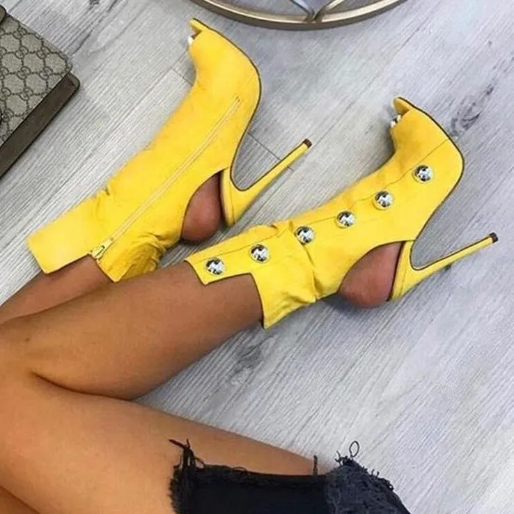 Women Metal Decor Open Toe Stiletto Heel Cut-out Booties