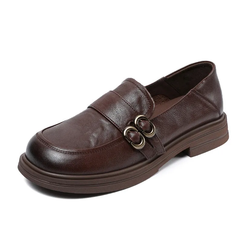 Women Retro Solid Leather Buckle Flat Loafers