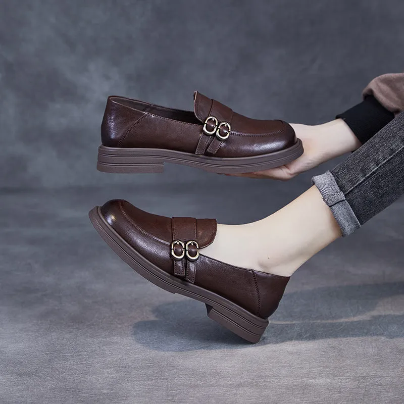 Women Retro Solid Leather Buckle Flat Loafers