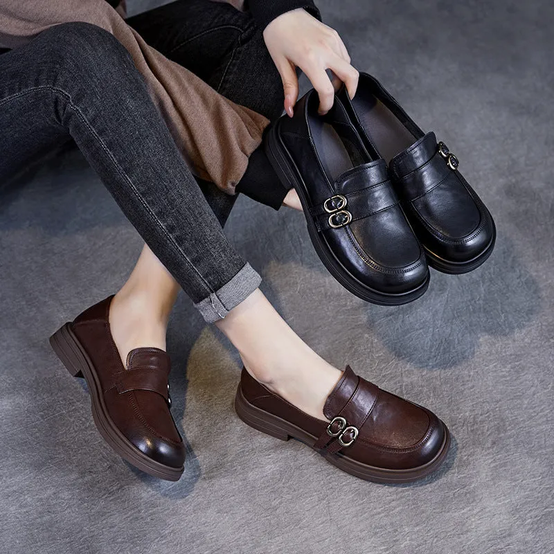 Women Retro Solid Leather Buckle Flat Loafers