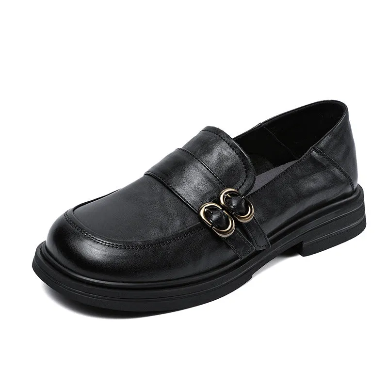Women Retro Solid Leather Buckle Flat Loafers