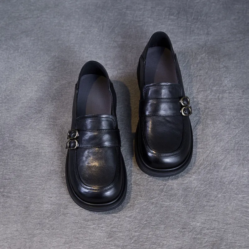 Women Retro Solid Leather Buckle Flat Loafers