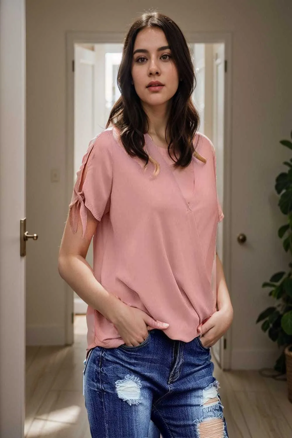 women s blouses loose solid belted long sleeve blouse