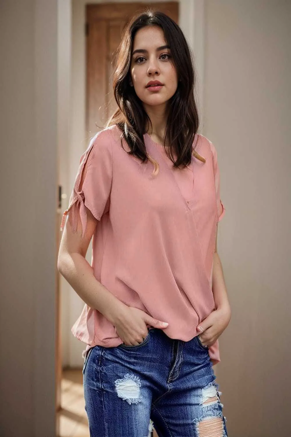 women s blouses loose solid belted long sleeve blouse