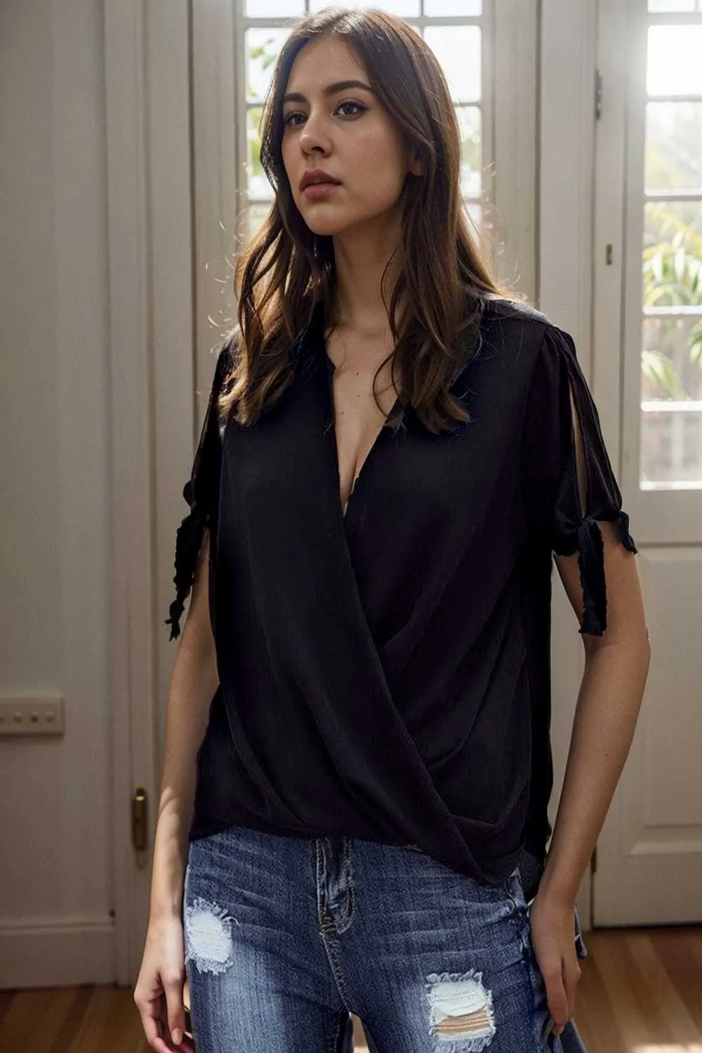 women s blouses loose solid belted long sleeve blouse