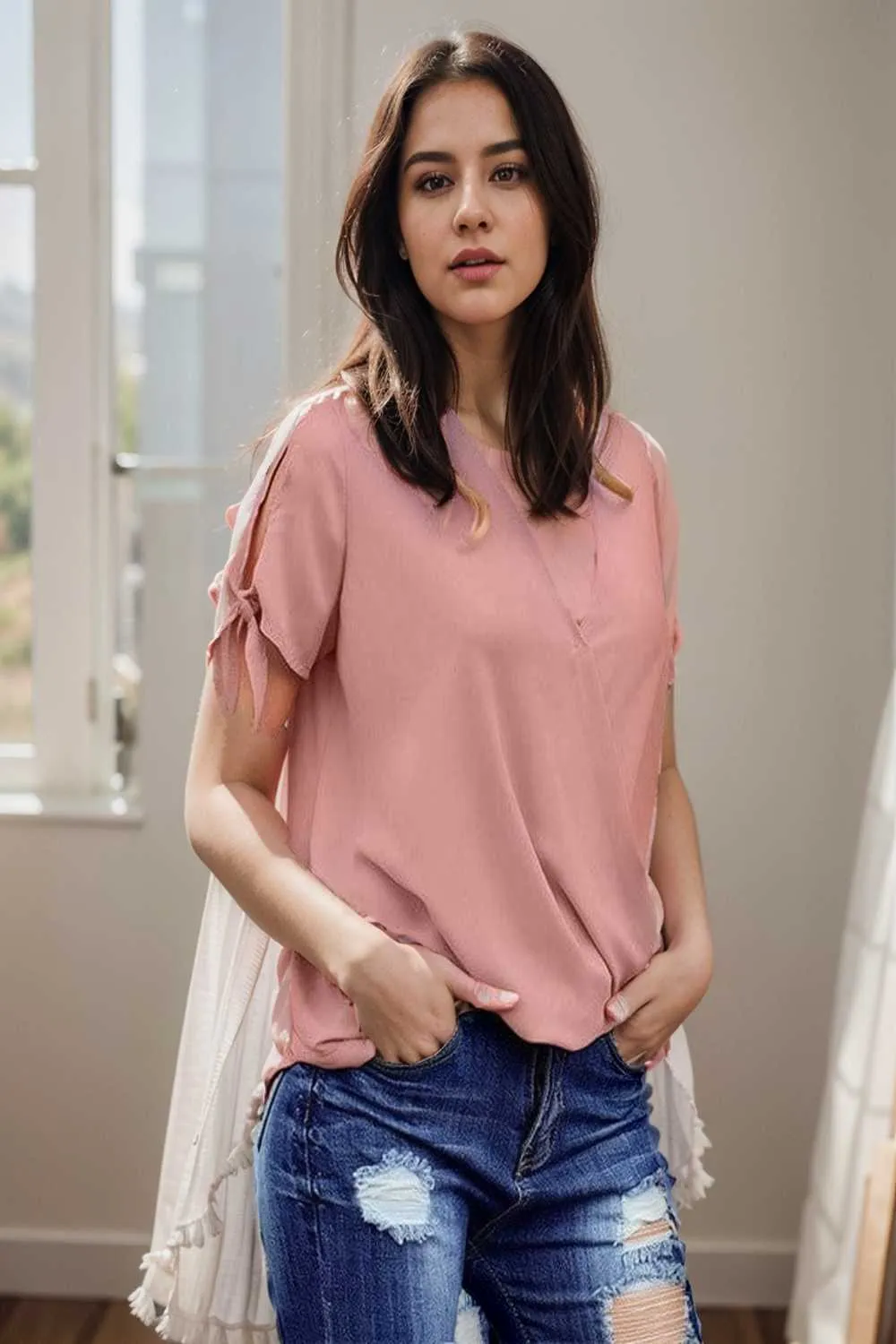 women s blouses loose solid belted long sleeve blouse