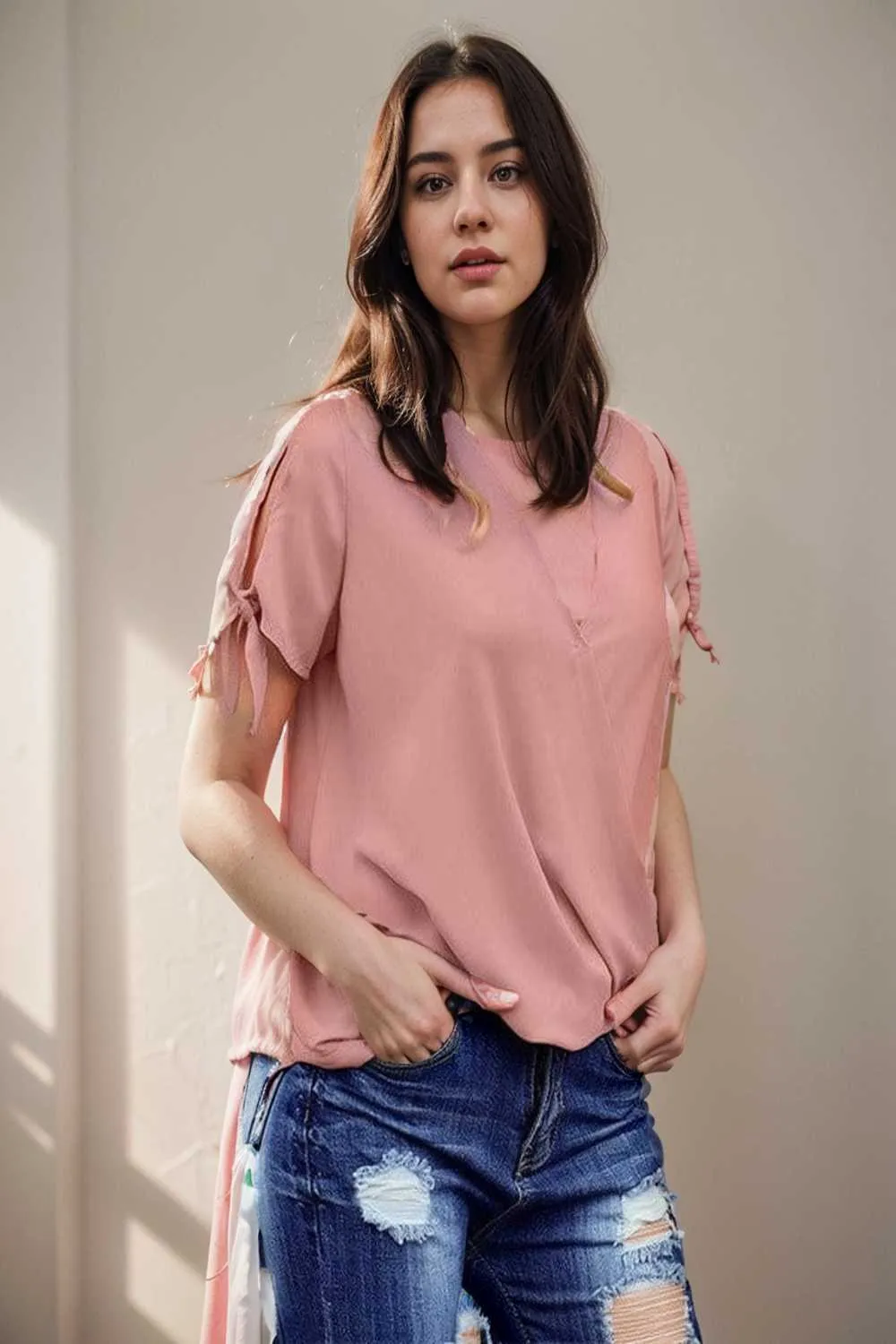 women s blouses loose solid belted long sleeve blouse