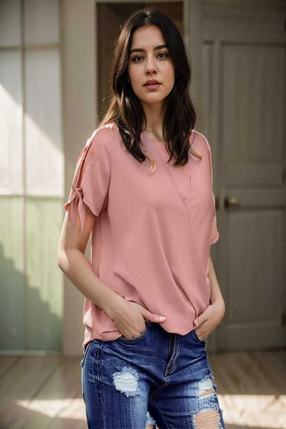 women s blouses loose solid belted long sleeve blouse
