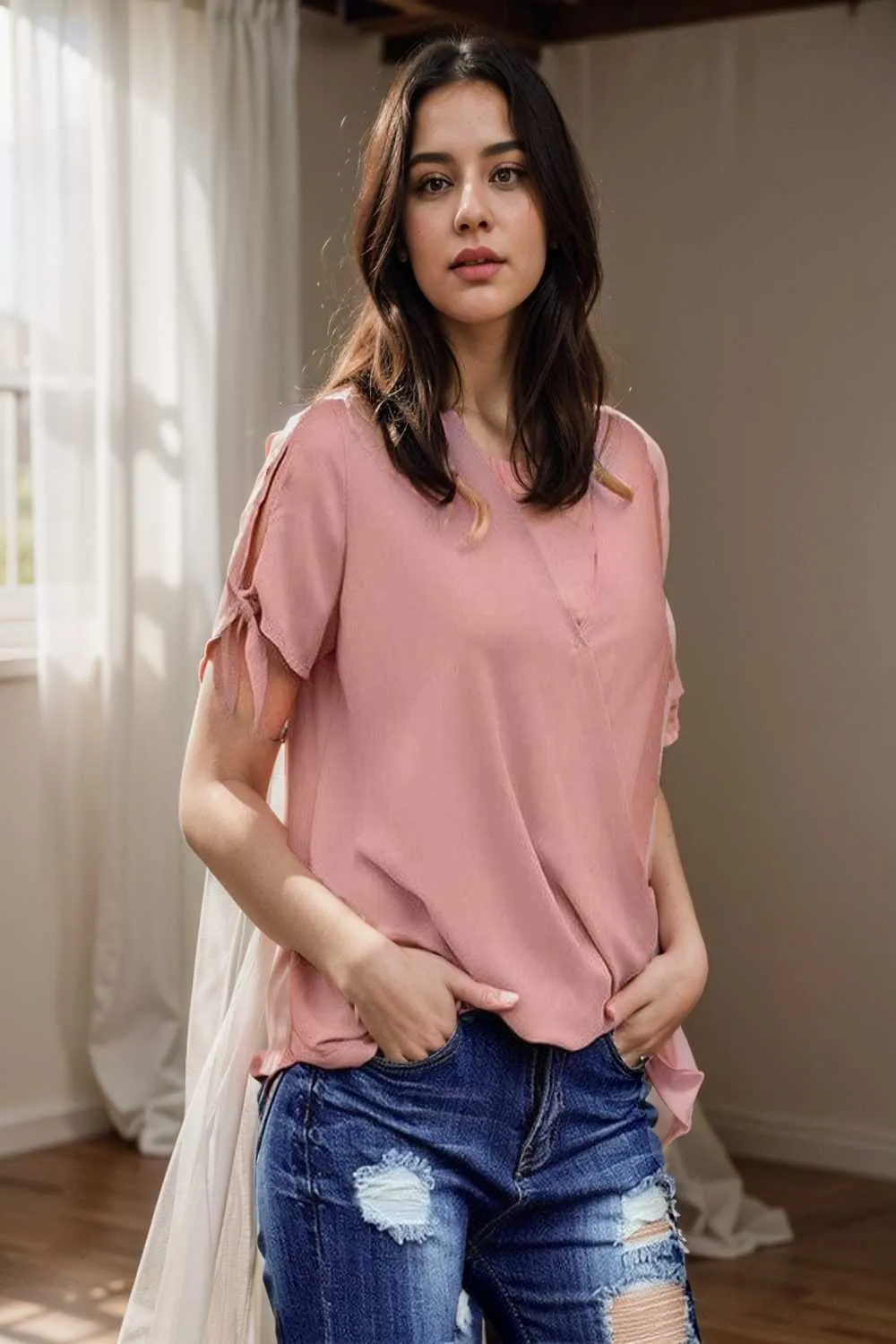 women s blouses loose solid belted long sleeve blouse