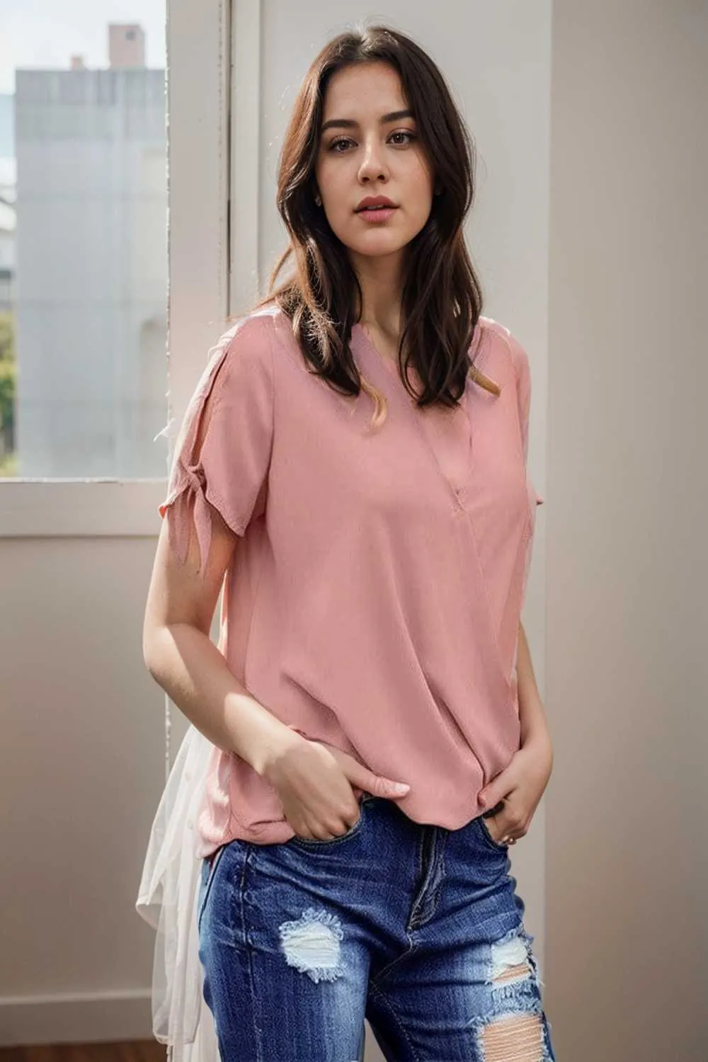 women s blouses loose solid belted long sleeve blouse