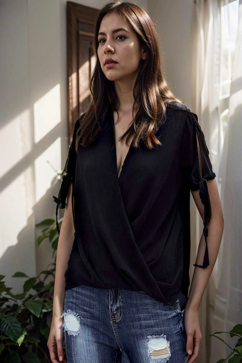 women s blouses loose solid belted long sleeve blouse