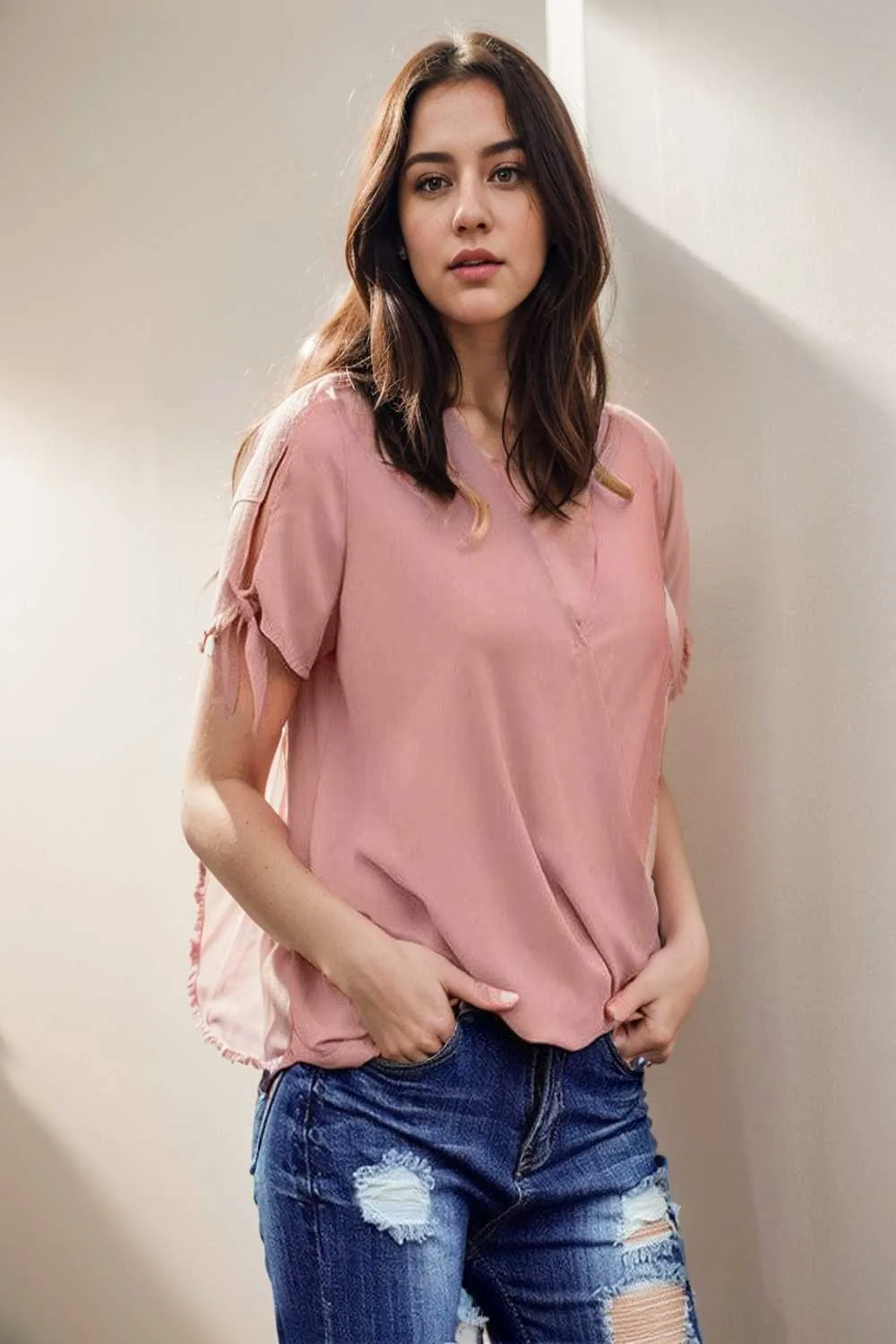 women s blouses loose solid belted long sleeve blouse