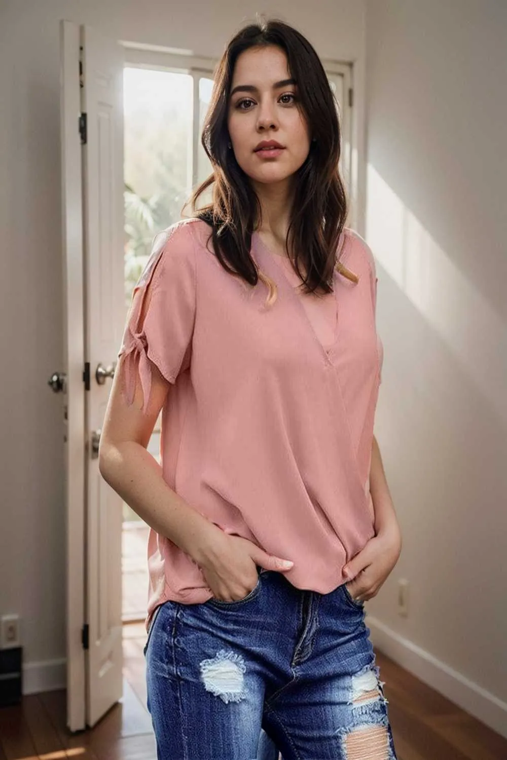 women s blouses loose solid belted long sleeve blouse