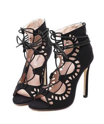 Women Shoes Brand High Heels Cut Outs Lace Up Open Toe Runway Party Shoes Women Sandals Gladiator Pumps Zapatos 534
