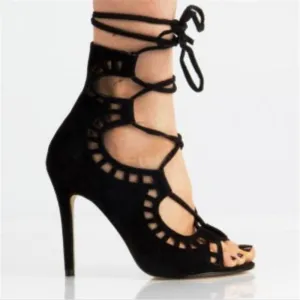 Women Shoes Brand High Heels Cut Outs Lace Up Open Toe Runway Party Shoes Women Sandals Gladiator Pumps Zapatos 534