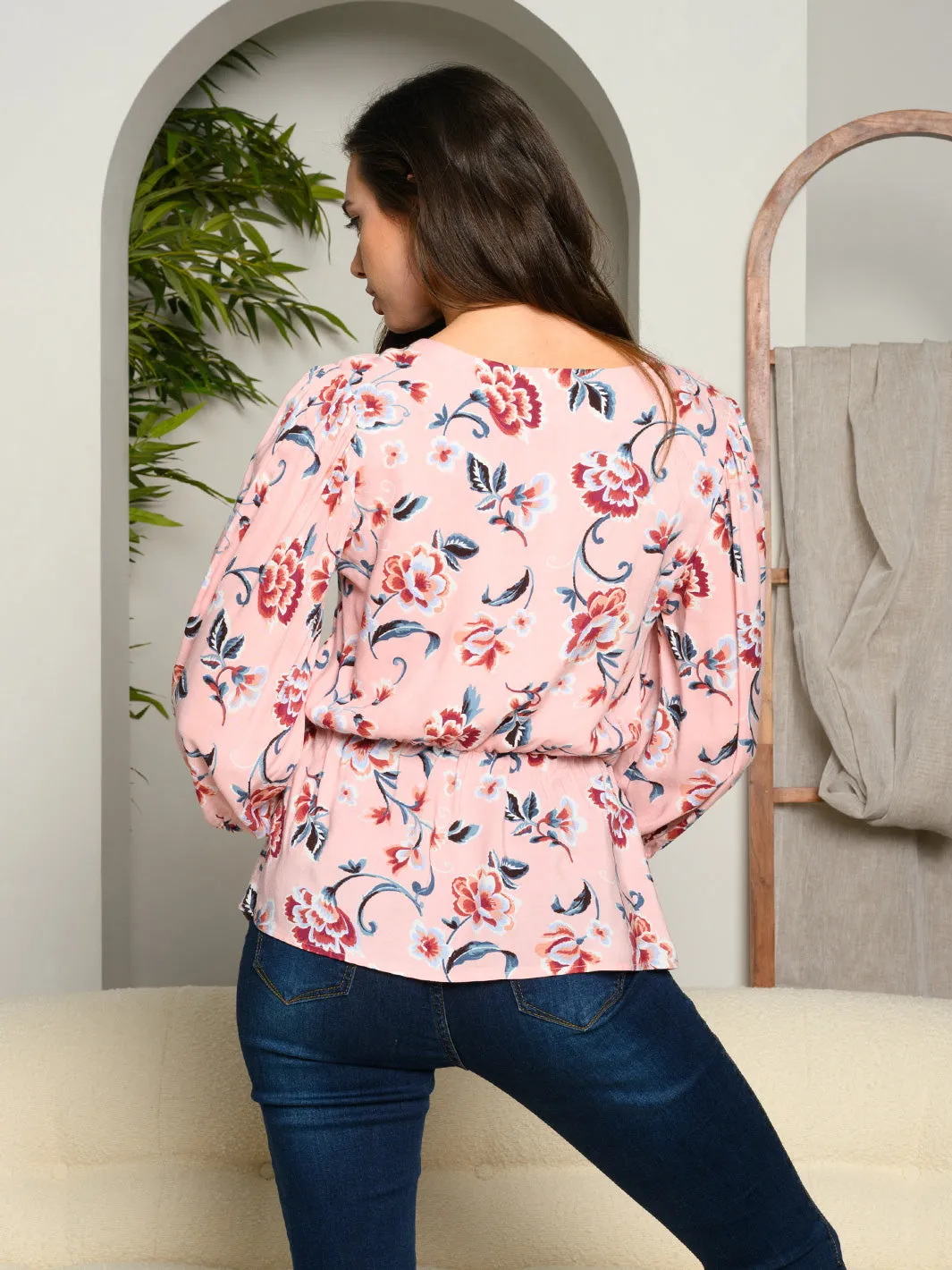 WOMEN'S 3/4 SLEEVE FLORAL WRAP TOP