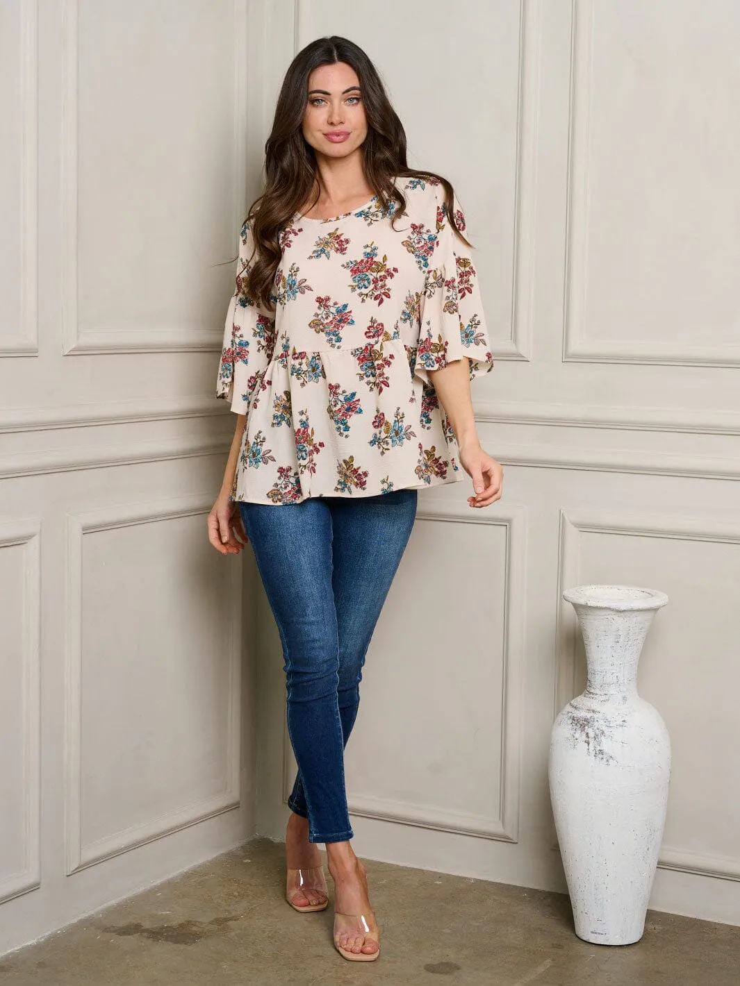 WOMEN'S 3/4 SLEEVE PEPLUM TUNIC FLORAL TOP
