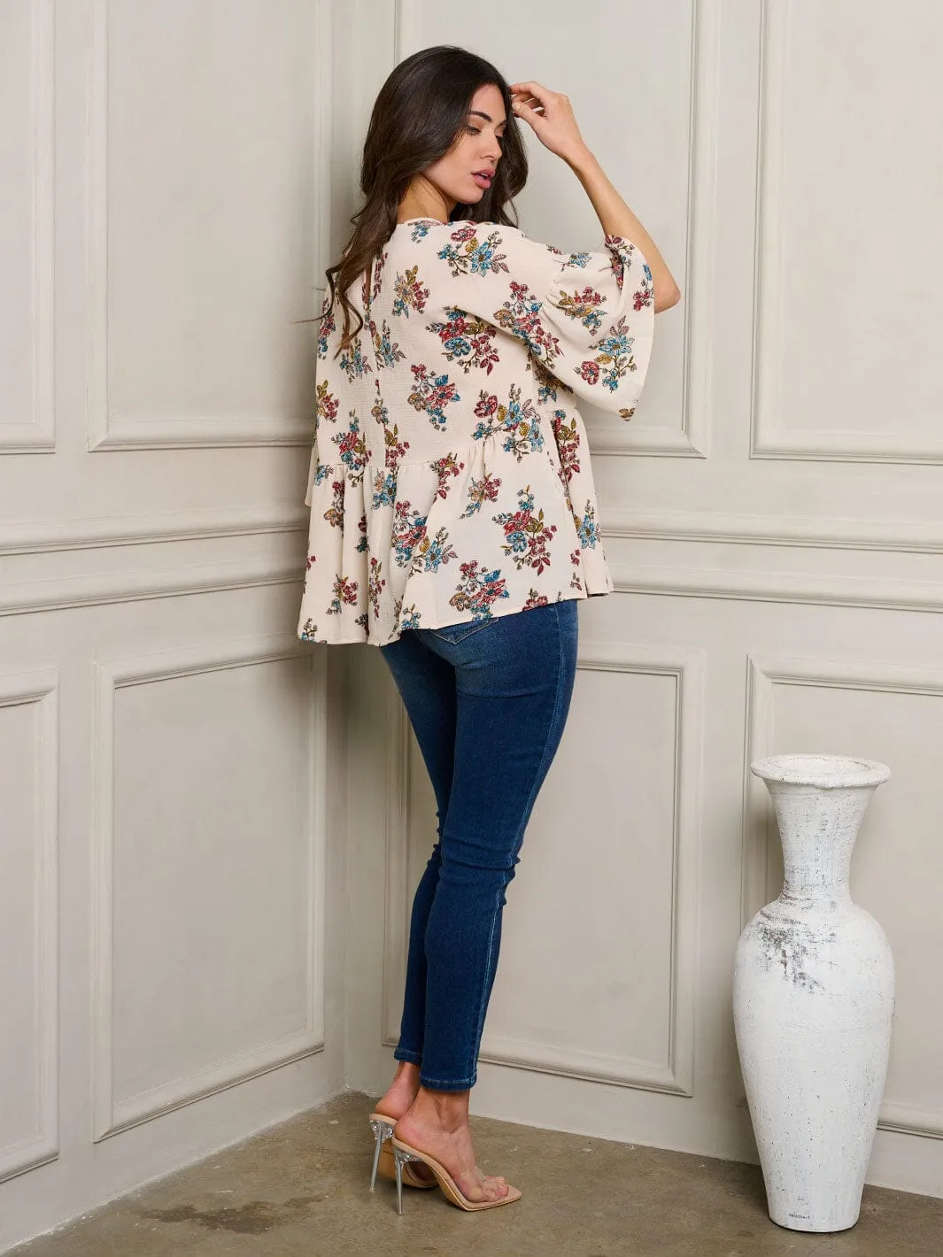 WOMEN'S 3/4 SLEEVE PEPLUM TUNIC FLORAL TOP