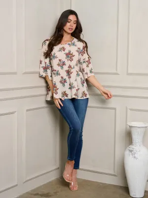 WOMEN'S 3/4 SLEEVE PEPLUM TUNIC FLORAL TOP