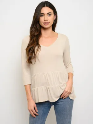 WOMEN'S 3/4 SLEEVE V-NECK PEPLUM TOP