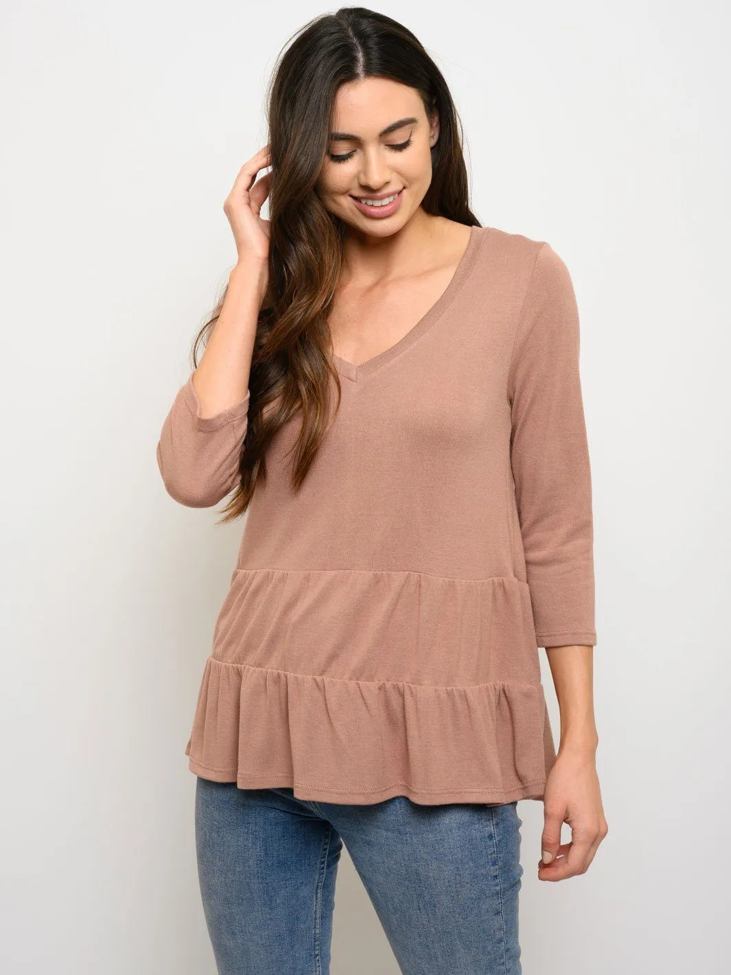 WOMEN'S 3/4 SLEEVE V-NECK PEPLUM TOP