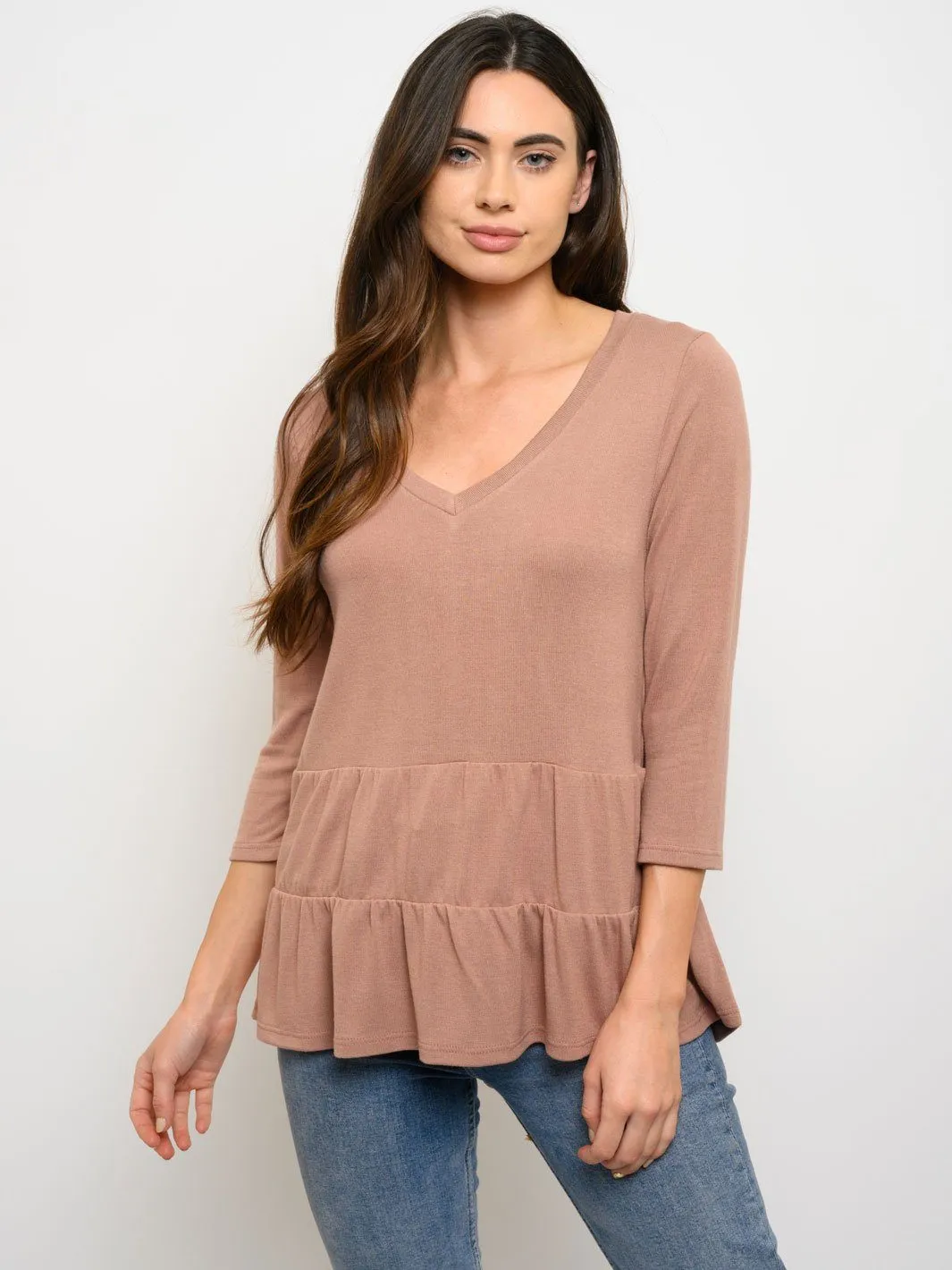 WOMEN'S 3/4 SLEEVE V-NECK PEPLUM TOP