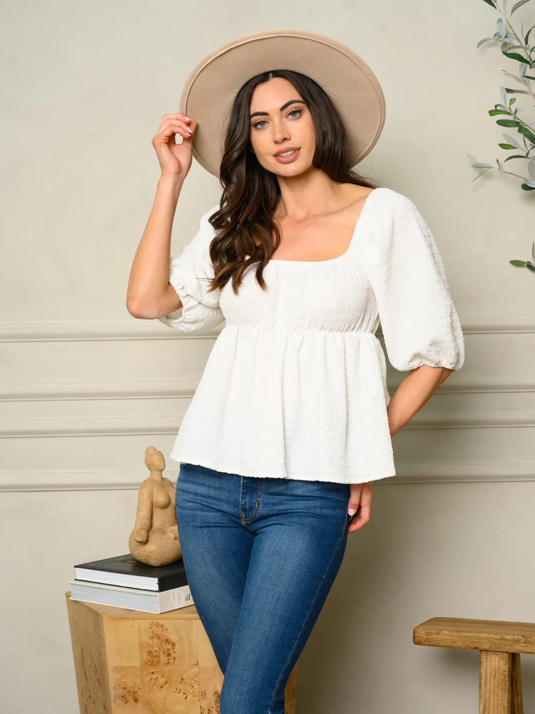 WOMEN'S 3/4 SLEEVES PEPLUM TOP