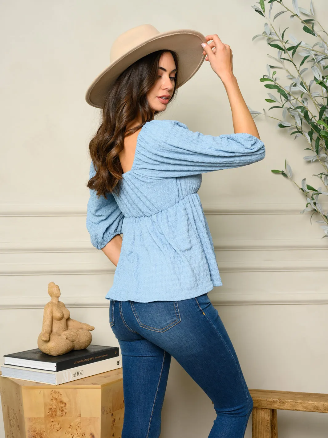 WOMEN'S 3/4 SLEEVES PEPLUM TOP