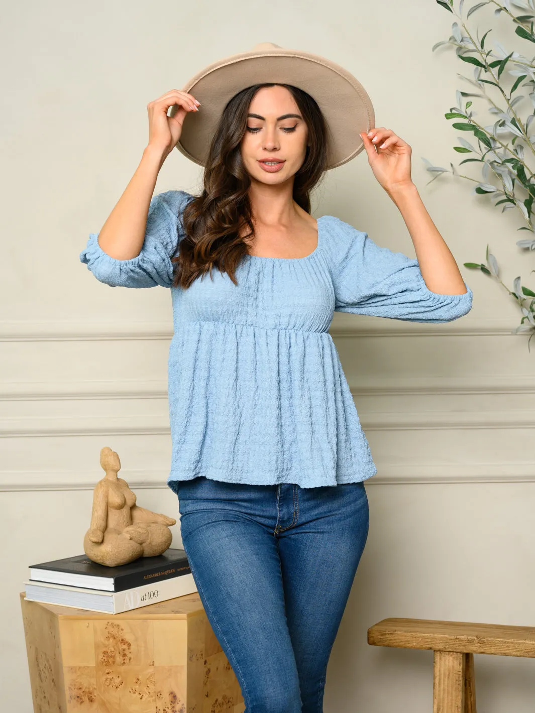 WOMEN'S 3/4 SLEEVES PEPLUM TOP