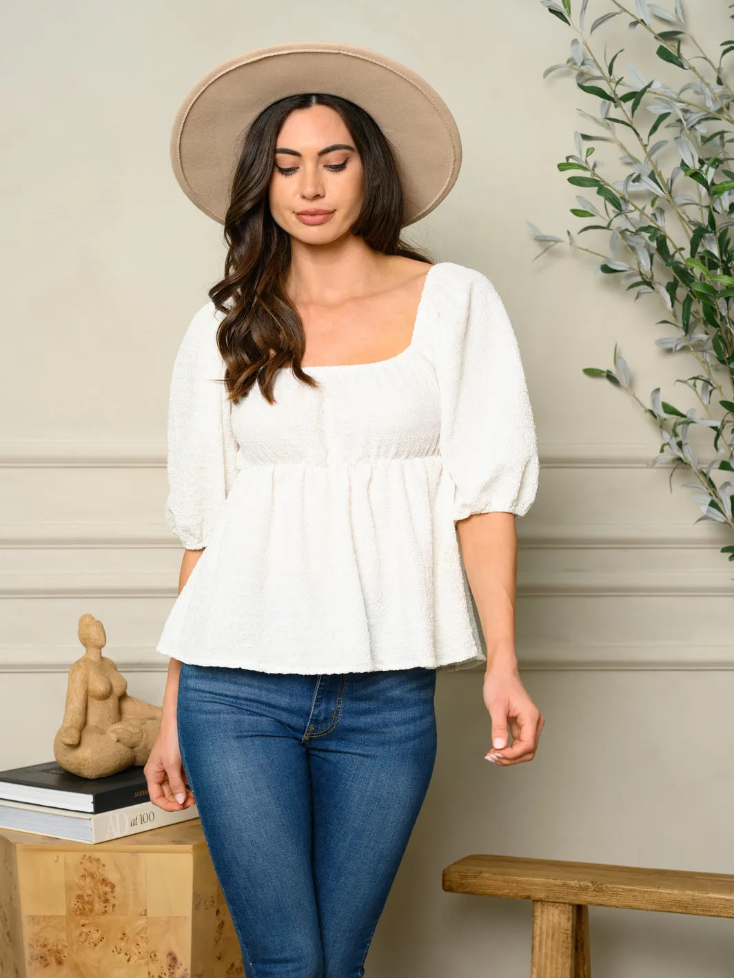 WOMEN'S 3/4 SLEEVES PEPLUM TOP
