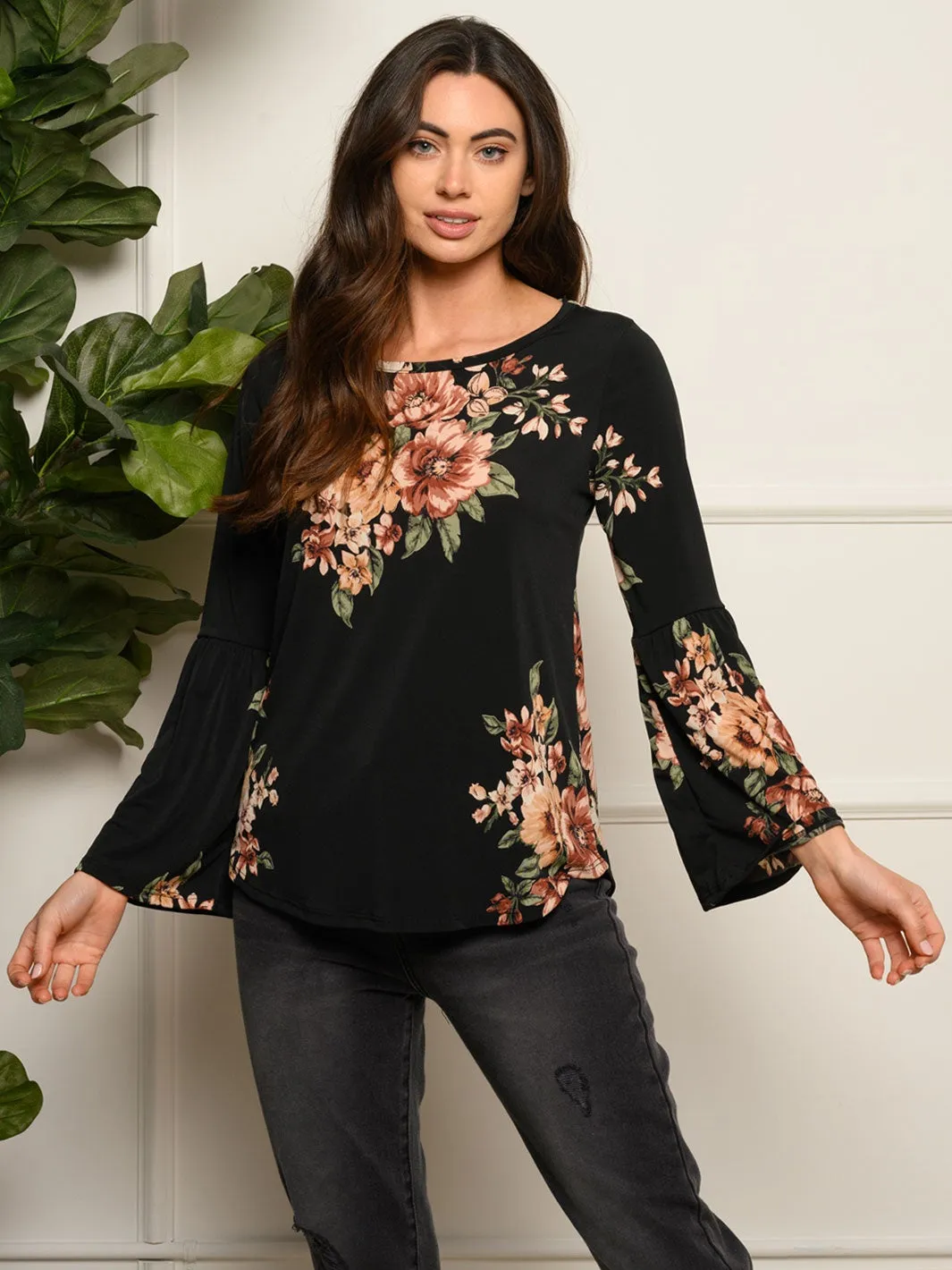 WOMEN'S BELL LONG SLEEVE FLORAL TUNIC TOP