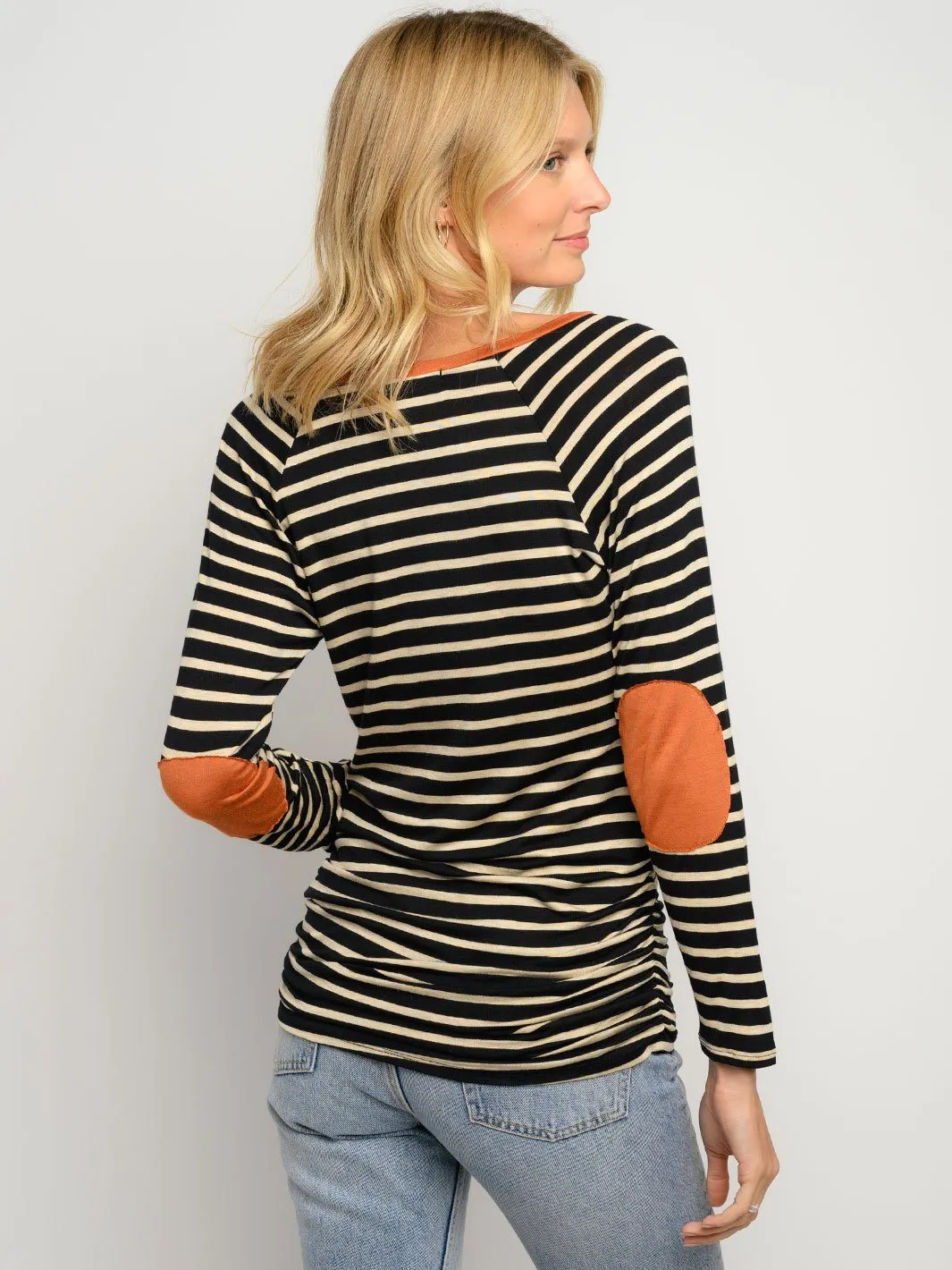 WOMEN'S CONTRAST STRIPES LONG SLEEVE RUCHED SIDE TOP