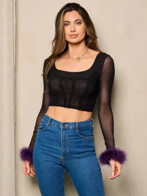 WOMEN'S DETAILED LONG SLEEVE MESH CROP TOP