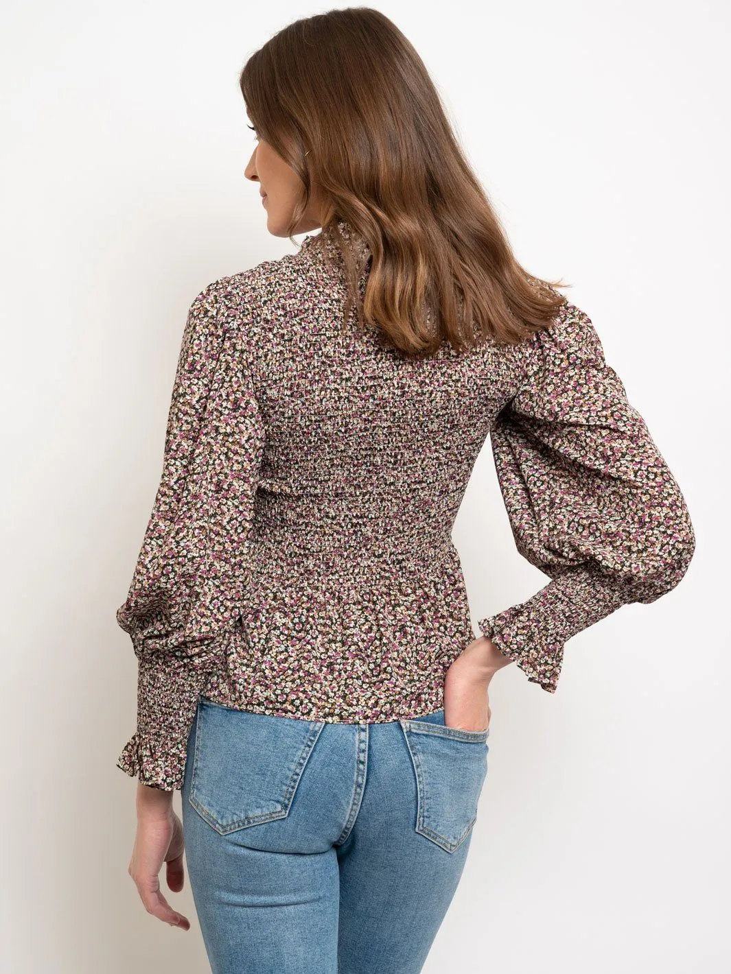 WOMEN'S FLORAL PRINT SMOCKED LONG SLEEVE PEPLUM TOP
