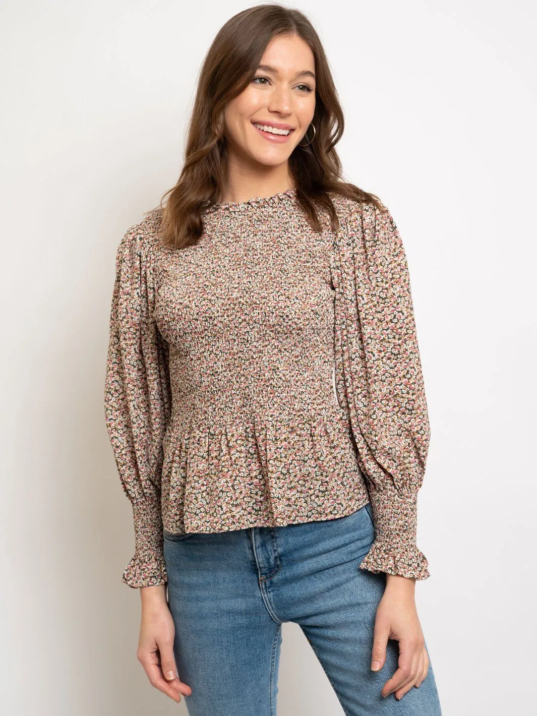 WOMEN'S FLORAL PRINT SMOCKED LONG SLEEVE PEPLUM TOP