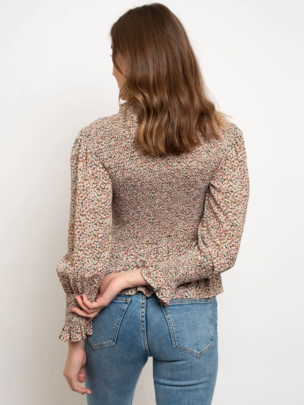 WOMEN'S FLORAL PRINT SMOCKED LONG SLEEVE PEPLUM TOP