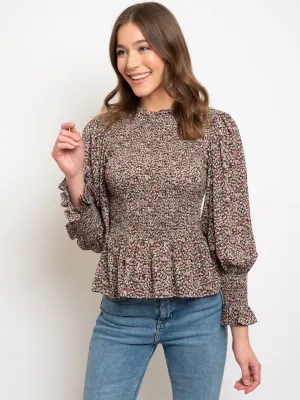 WOMEN'S FLORAL PRINT SMOCKED LONG SLEEVE PEPLUM TOP