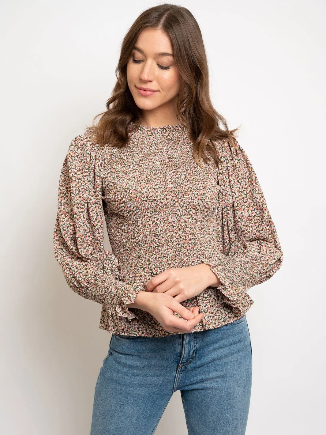 WOMEN'S FLORAL PRINT SMOCKED LONG SLEEVE PEPLUM TOP