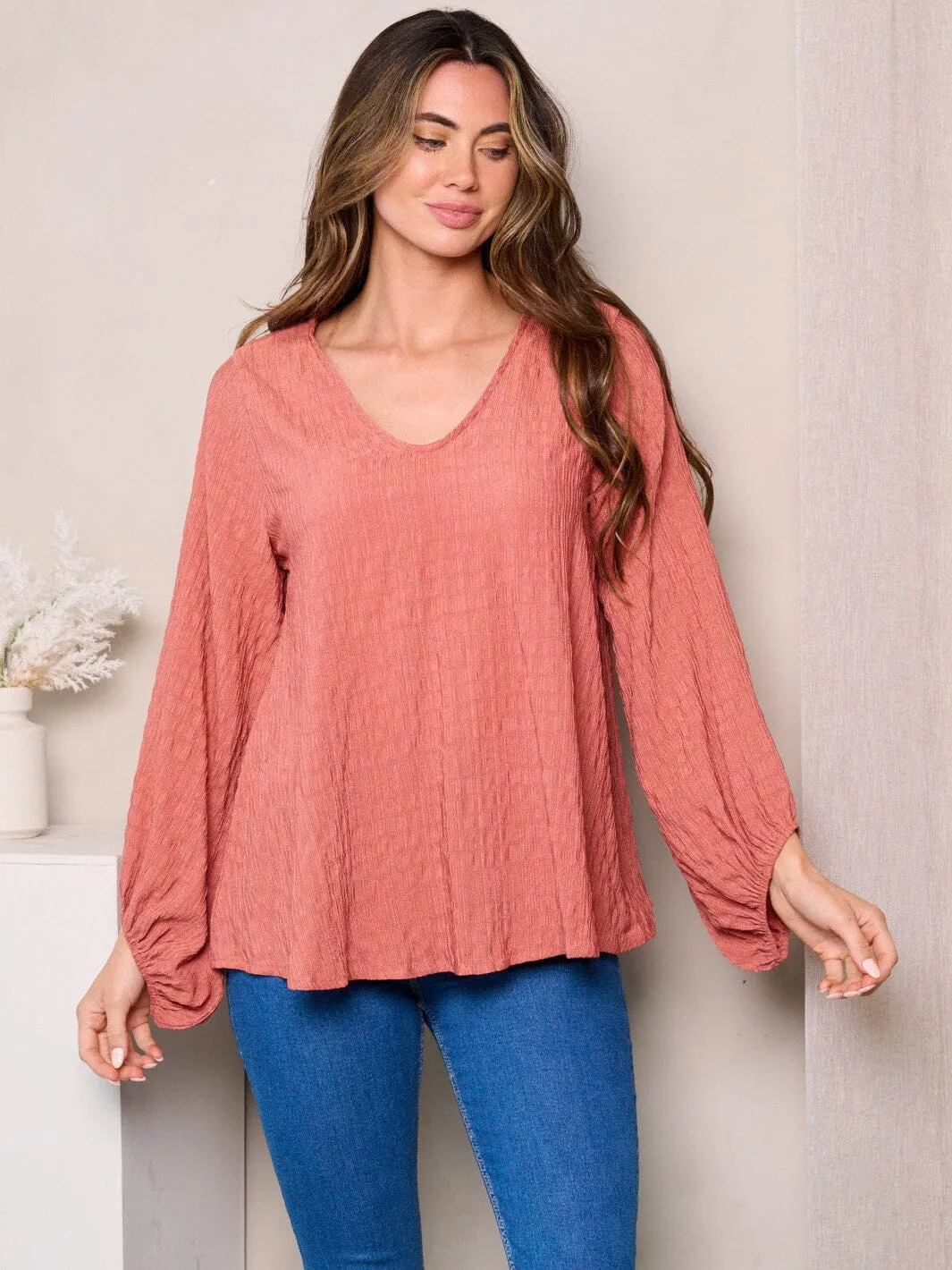 WOMEN'S LONG BALLON SLEEVES V-NECK LOOSE FIT TUNIC TOP