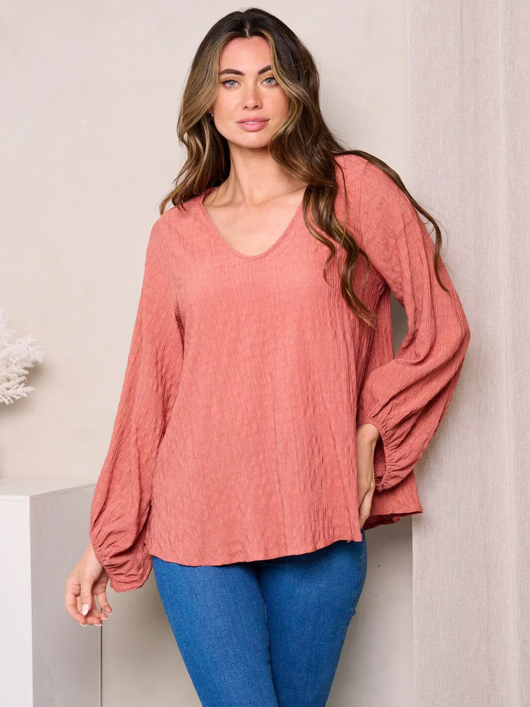 WOMEN'S LONG BALLON SLEEVES V-NECK LOOSE FIT TUNIC TOP