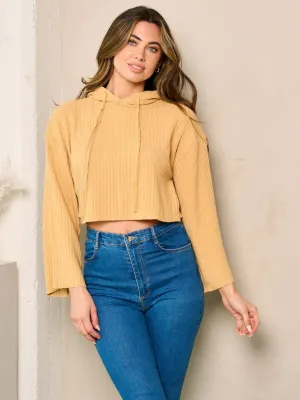 WOMEN'S LONG BELL SLEEVE HOODED RIBBED TOP