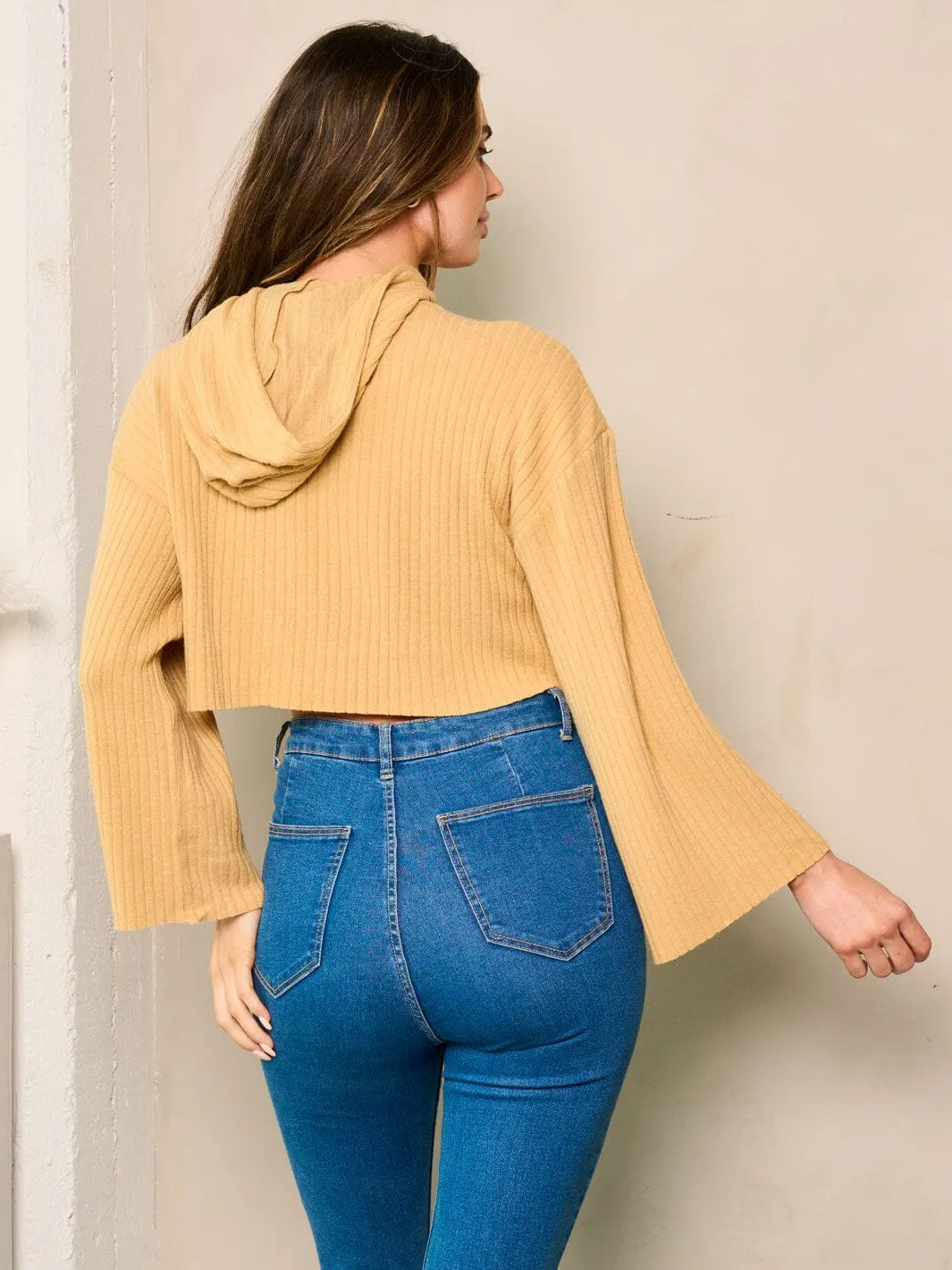 WOMEN'S LONG BELL SLEEVE HOODED RIBBED TOP