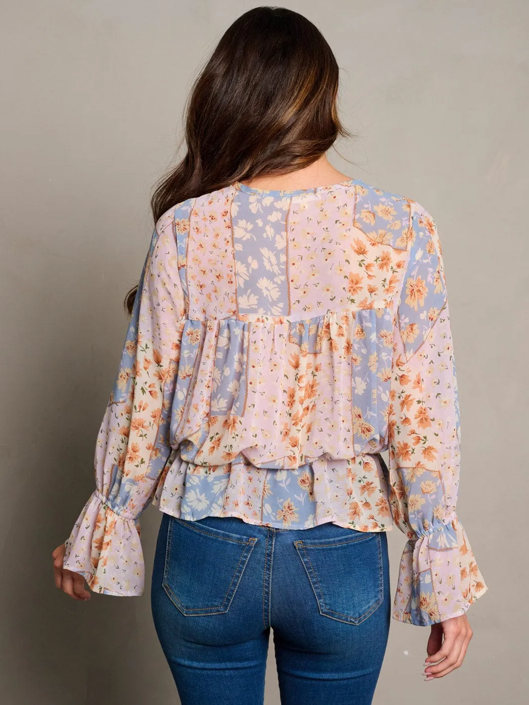 WOMEN'S LONG BELL SLEEVE NECK TIE FLORAL PEPLUM BLOUSE TOP